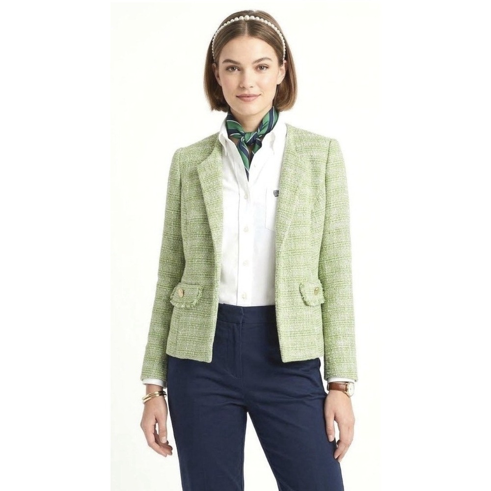 Anne Klein Green Tweed Blazer Jacket Womens Gold Lion Button Fringe Trim
